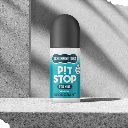 Scrubbingtons Pit Stop Kids Deodorant Natural Roll On For Children, Teens. Made in UK, 98% Natural Ingredients For Sensitive Skin. Paediatrician approved, Aluminium &amp; Alcohol Free, Original, 75ml