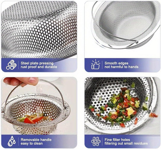 2 Pack Kitchen Sink Strainer with Lift-Up Handle, 11cm Stainless Steel Sink Sieve for 110mm Drain Hole, 1mm High-Density Perforated Basket Food Catcher, 3cm Deep Anti-Clogging Filter