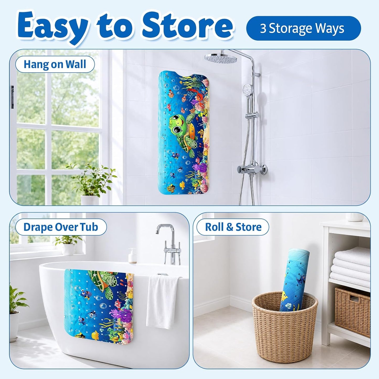 XIYUNTE Baby Bath Mats Non Slip Anti Mould, Cartoon Kids Bath Mat Non Slip, 100x40cm Extra Large Baby Shower Mat Non Slip Bath Mat with Suction Cups &amp; Drain Holes, Machine Washable, Sea Turtle