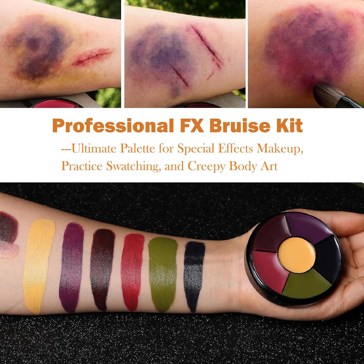 6 Color SFX Bruise Wheel – Professional Halloween Face Paint Kit, Non-Toxic Oil-Based Makeup with Fake Blood, Zombie &amp; Injury Special Effects Palette for Cosplay &amp; Festivals