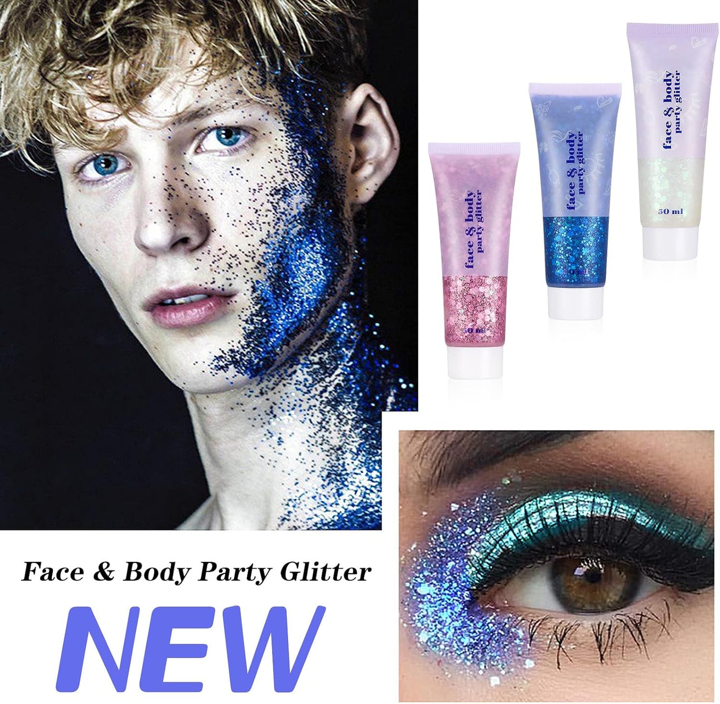 3Pcs Body Glitter Gel Kit, 50ml Mermaid Sequins Chunky Glitter Liquid Gel for Face, Body, Eye, Hair, Nail DIY Art Festival Party Makeup Decoration