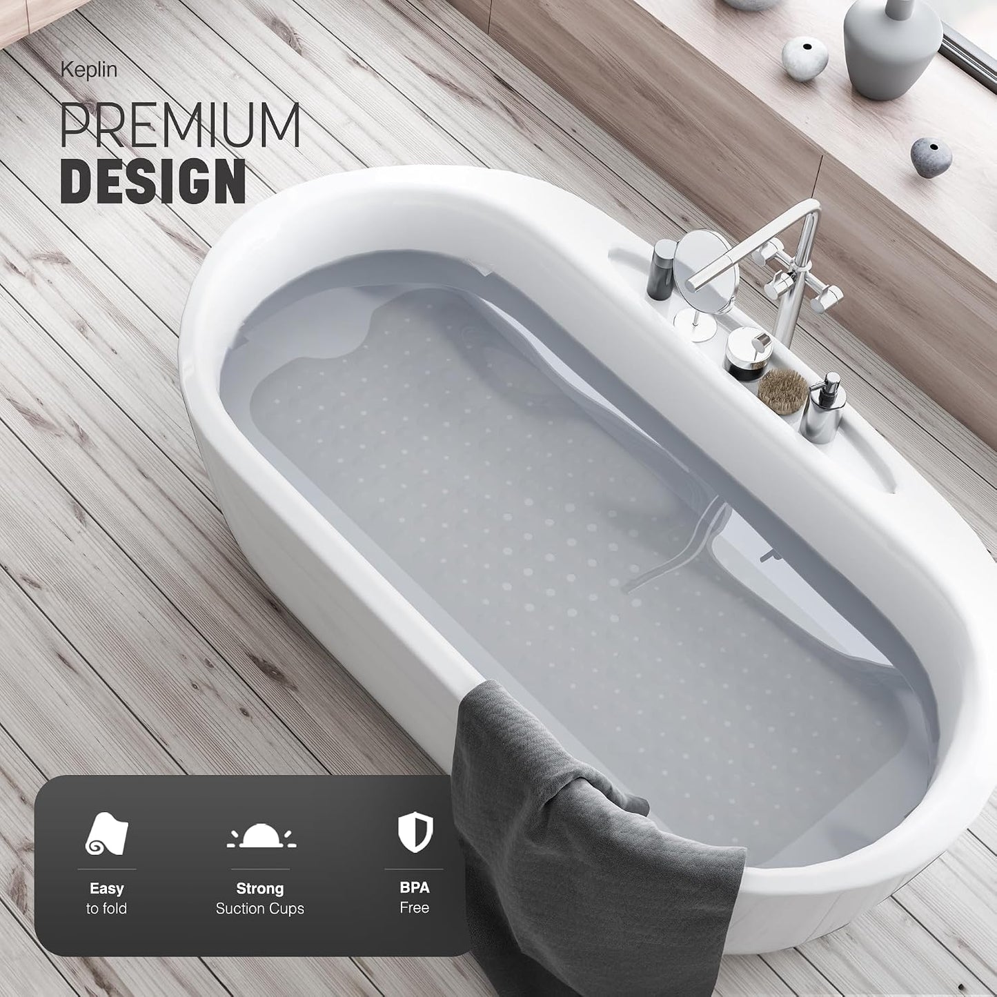KEPLIN Premium Non-Slip Bath Mat - 200 Suction Cups, BPA, Latex Free, Mildew Resistant, Machine Washable - Safe, Durable &amp; Comfortable for Bathroom Tubs (White, Bath, 100 x 40cm)