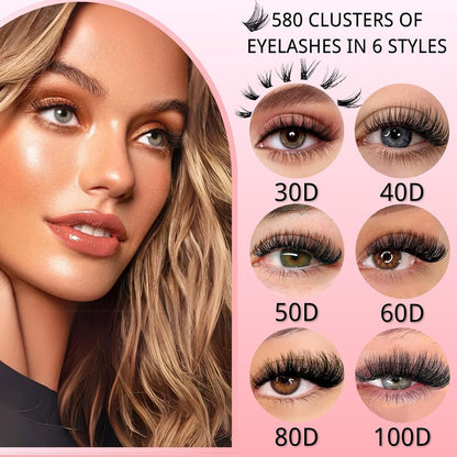 KEYRI 580 Pieces Individual Eyelashes 30-100D Cluster Lashes Kit | DIY Eye Lashes Fluffy Russian Eyelashes Extensions Curly Durable Eyelash Clusters for Girls and Women (8-16mm Mix)