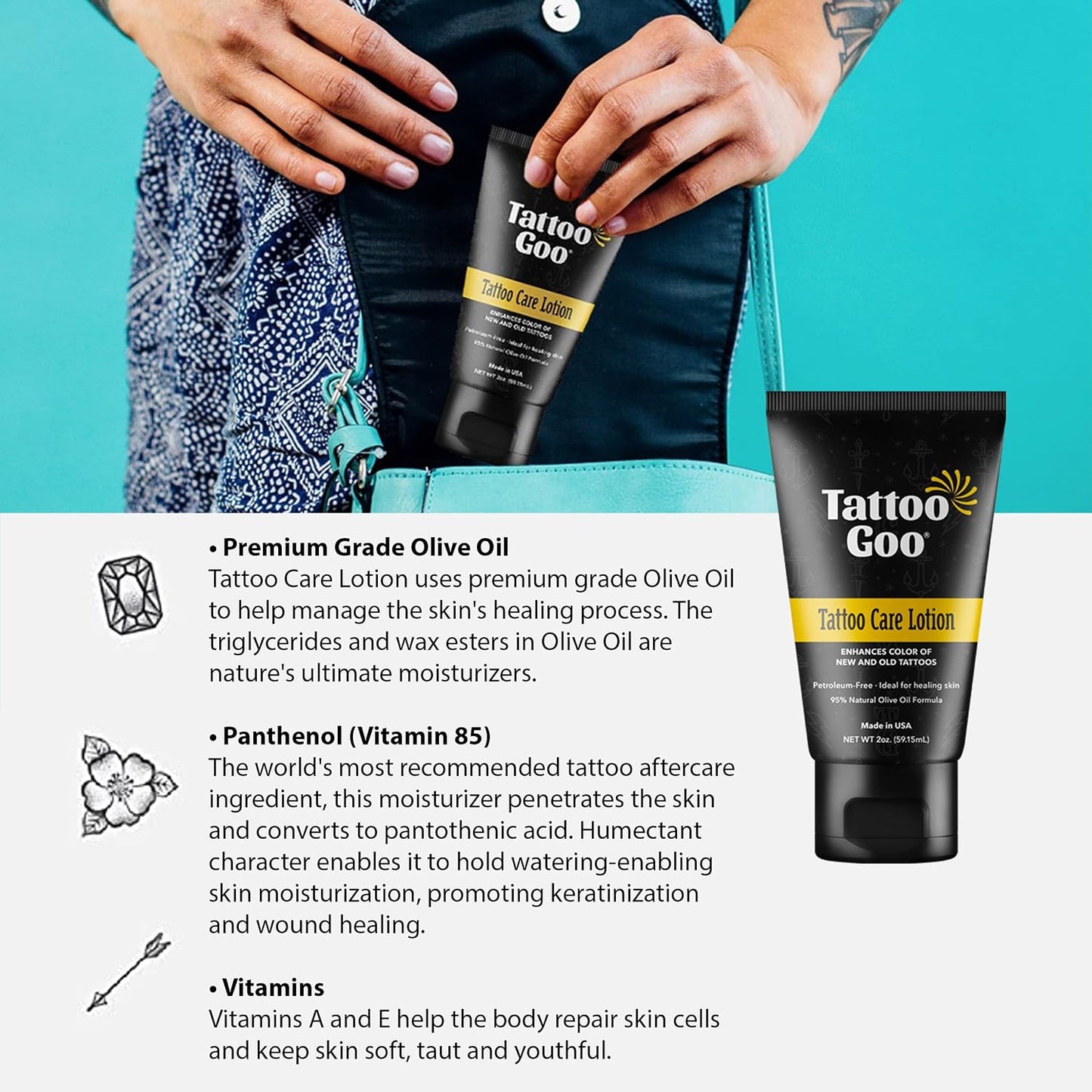 Tattoo Goo Aftercare Lotion 60 ml – Tattoo Moisturiser for New &amp; Healed Ink • Colour‑Enhancing • Non‑Greasy, Vegan Skin Care – Olive Oil + Panthenol