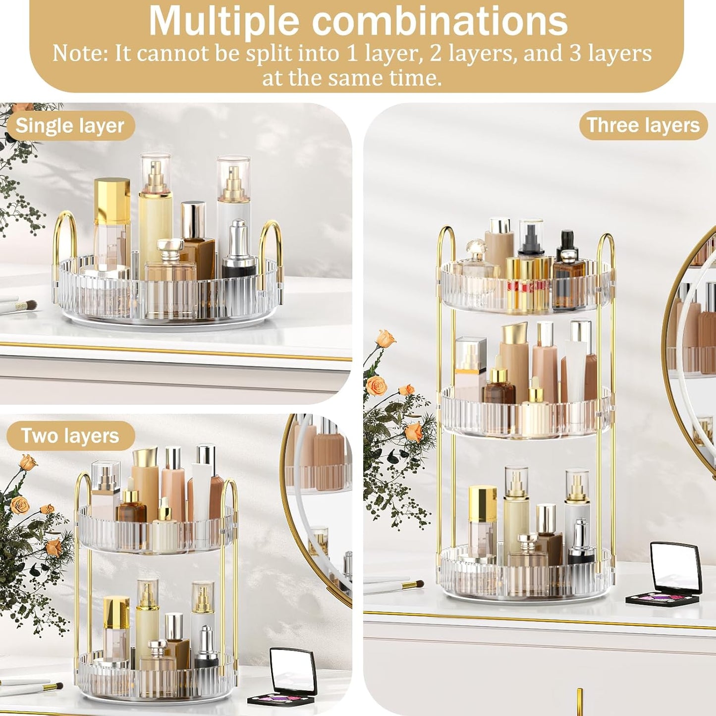 MOKANI 360 Rotating Makeup Organiser, 3 Tiers Spinning Skincare Organiser, Multi-Function Make Up Storage, Large Capacity Cosmetic Perfume Stand for Vanity, Bathroom and Bedroom