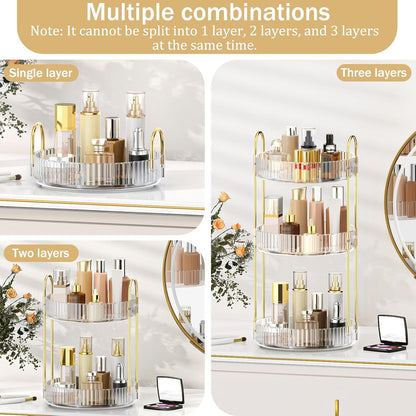 MOKANI 360 Rotating Makeup Organiser, 3 Tiers Spinning Skincare Organiser, Multi-Function Make Up Storage, Large Capacity Cosmetic Perfume Stand for Vanity, Bathroom and Bedroom
