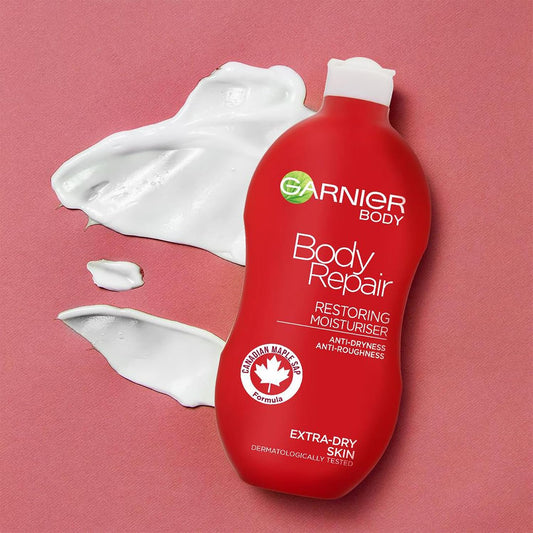 Garnier Body Repair Restoring Moisturiser 400ml, With Nourishing &amp; Soothing Canadian Maple Sap, 24 Hour Hydration, For Extra Dry Rough Skin, Fast Absorbing &amp; Non-Greasy