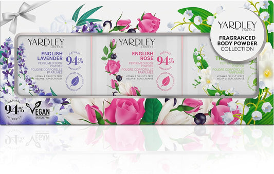 Yardley London Mini Perfumed Powder Trio Collection, English Lavender, English Rose &amp; Lily of the Valley, Dusting Body Powder Gift for Women, Silky Soft Finish, Vegan, 98% Natural Ingredients
