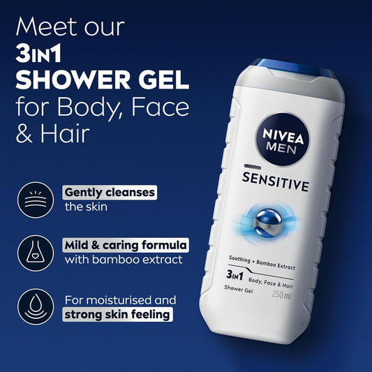 NIVEA MEN Sensitive Shower Gel Pack of 6 (6 x 250 ml), Alcohol-Free Sensitive Skin Body Wash, Gentle Shower Gel Men with Bamboo Extract, Body Wash for Men with Irritated Skin
