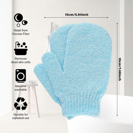 Exfoliating Gloves, 2pcs Bath and Body Exfoliator Mitts, Bamboo Shower Gloves, Scrubs Away Ingrown Hair and Dead Skin, for Shower, Spa, Massage and Dead Skin Cell Remover Loofah (Blue)