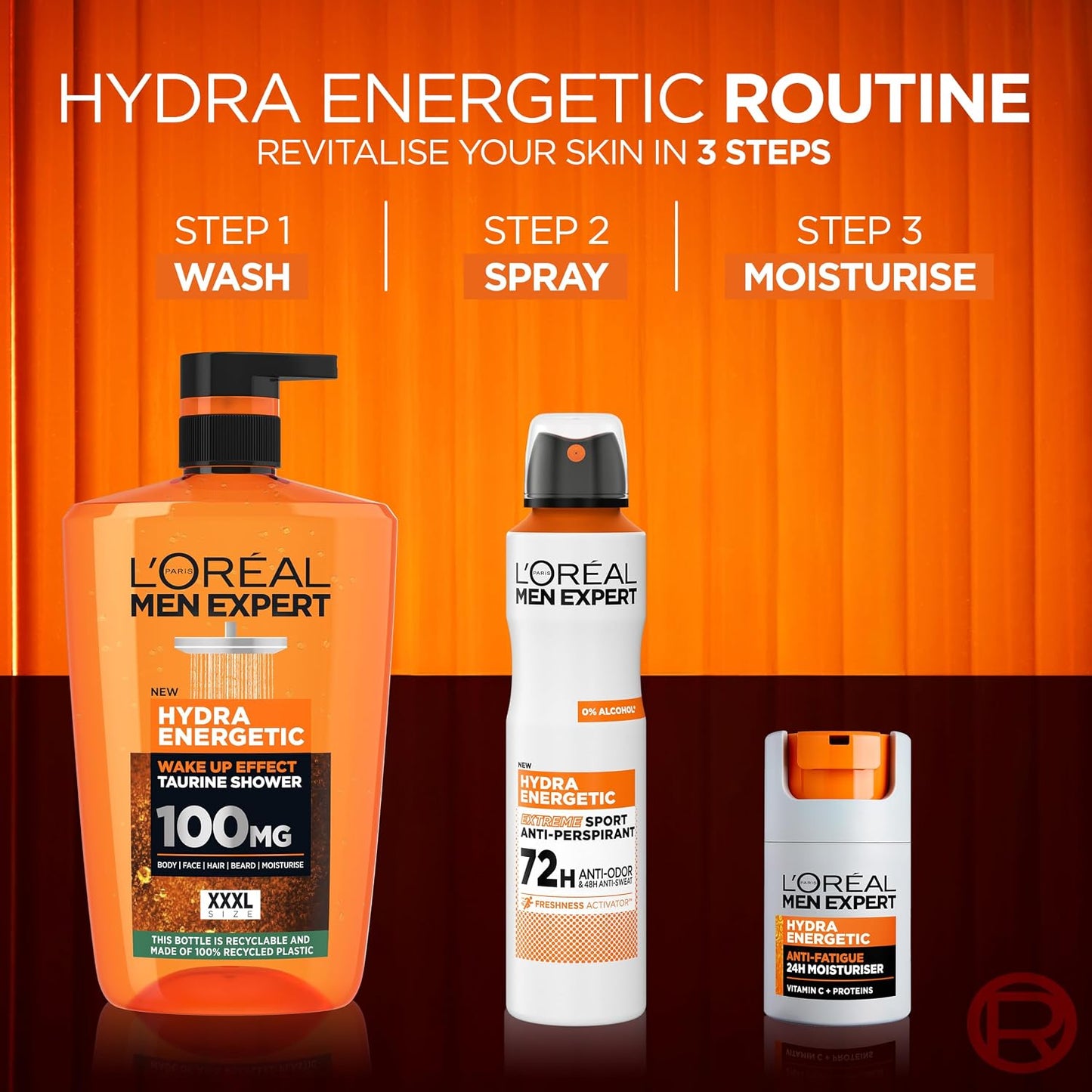 L'Oréal Men's Shower Gel, Men Expert Hydra Energetic 3-in-1 XXXL Body Wash 1L Pump, Instant Wake-Up Effect, Energising Face &amp; Hair Wash with Taurine and Vitamin C