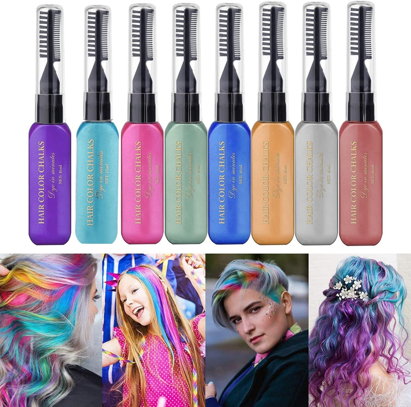 Hair Chalks for Colour Dyeing, 8 Coloured Hair Dye Temporary, Eight Washable Hair Dye Colours for Men and Women, Also Suitable for Eyelashes Eyebrow (15ml per Bottle)