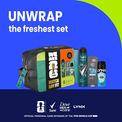 Dove, Lynx, Sure Gift Set Washbag for Him with an advanced anti-perspirant, body wash, body spray &amp; limited edition wash bag Match Day Fit for him 3 piece