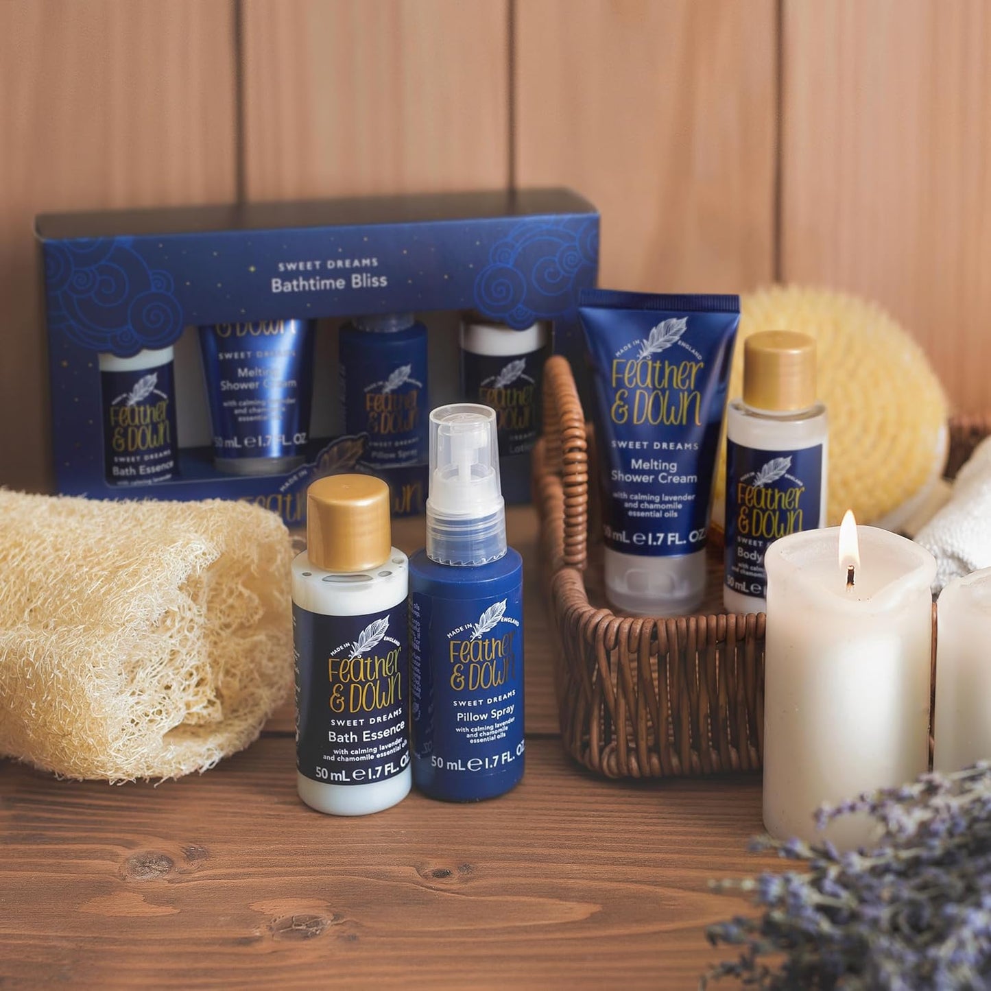 Feather &amp; Down Bathtime Bliss Gift Set (Shower Cream, Pillow Spray, Bath Essence &amp; Body Lotion) - Bath Set with lavender &amp; chamomile essential oils, Mothers Day relaxation gift
