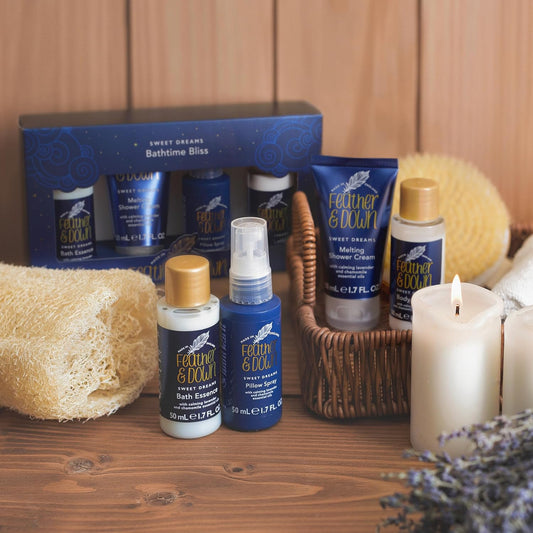 Feather &amp; Down Bathtime Bliss Gift Set (Shower Cream, Pillow Spray, Bath Essence &amp; Body Lotion) - Bath Set with lavender &amp; chamomile essential oils, Mothers Day relaxation gift