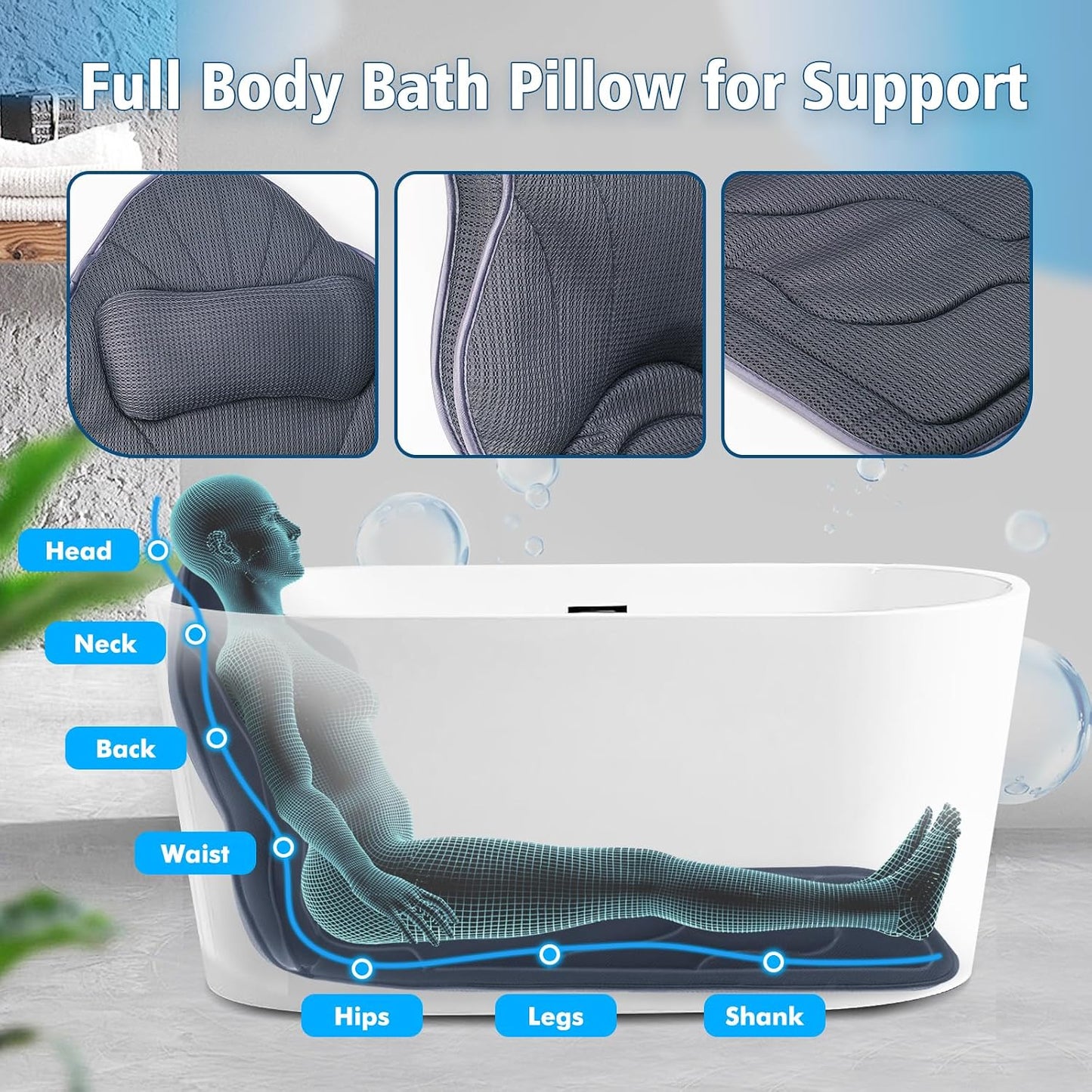 Poemland Luxury Full Body Bath Pillow Mat &amp; Cushion - Ultimate Spa Relaxation with Thick Padding, Headrest, Neck, and Shoulder Support - Ideal for Bathtub Soaking (grey)