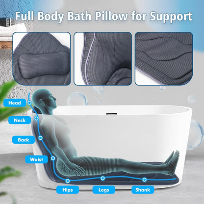 Poemland Luxury Full Body Bath Pillow Mat &amp; Cushion - Ultimate Spa Relaxation with Thick Padding, Headrest, Neck, and Shoulder Support - Ideal for Bathtub Soaking (grey)