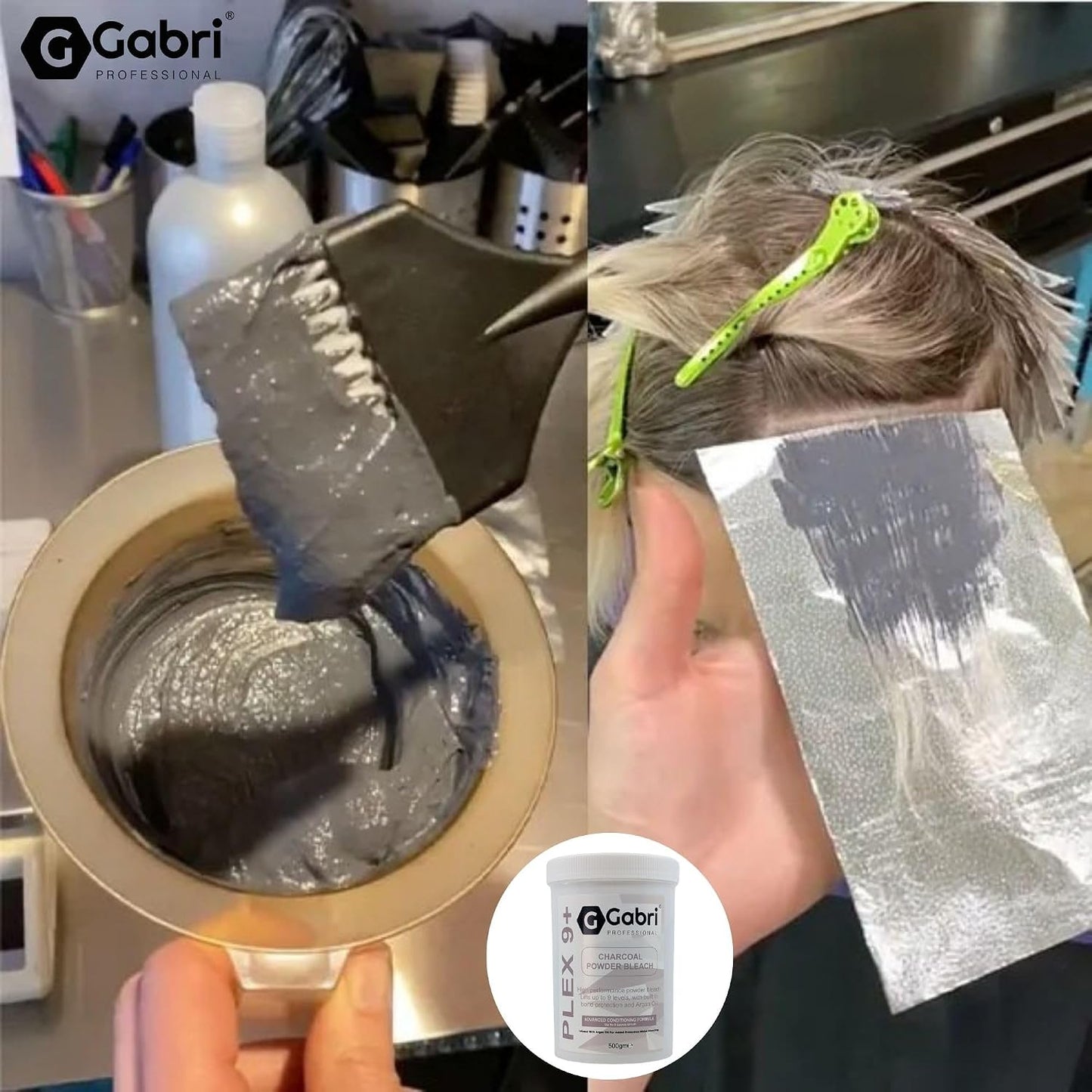 Gabri Powder Bleach 500g Plex 9+, Hair Bleach, Premium Hair Lightener with 9 Levels of Lift, Dust-Minimising Formula, Perfect for Highlights, Balayage &amp; All Salon Techniques (Charcoal, 500g)