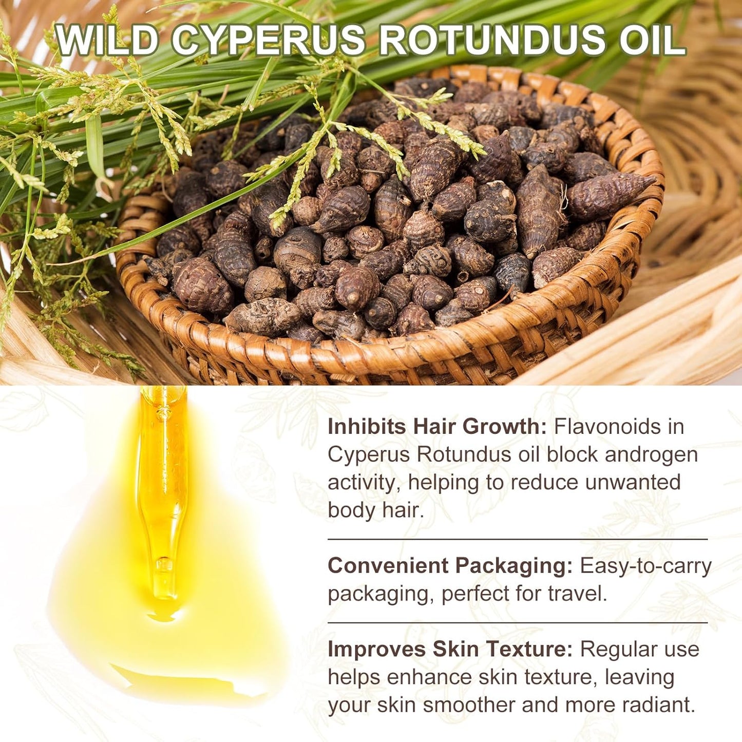 Premium Cyperus Rotundus Oil - Natural &amp; Effective Hair Removal Solution | 100% Pure Cyperus Rotundus Essential Oil for Smooth Skin | Anti-Hair Growth, Nourishing Treatment for Sensitive Skin 60ML
