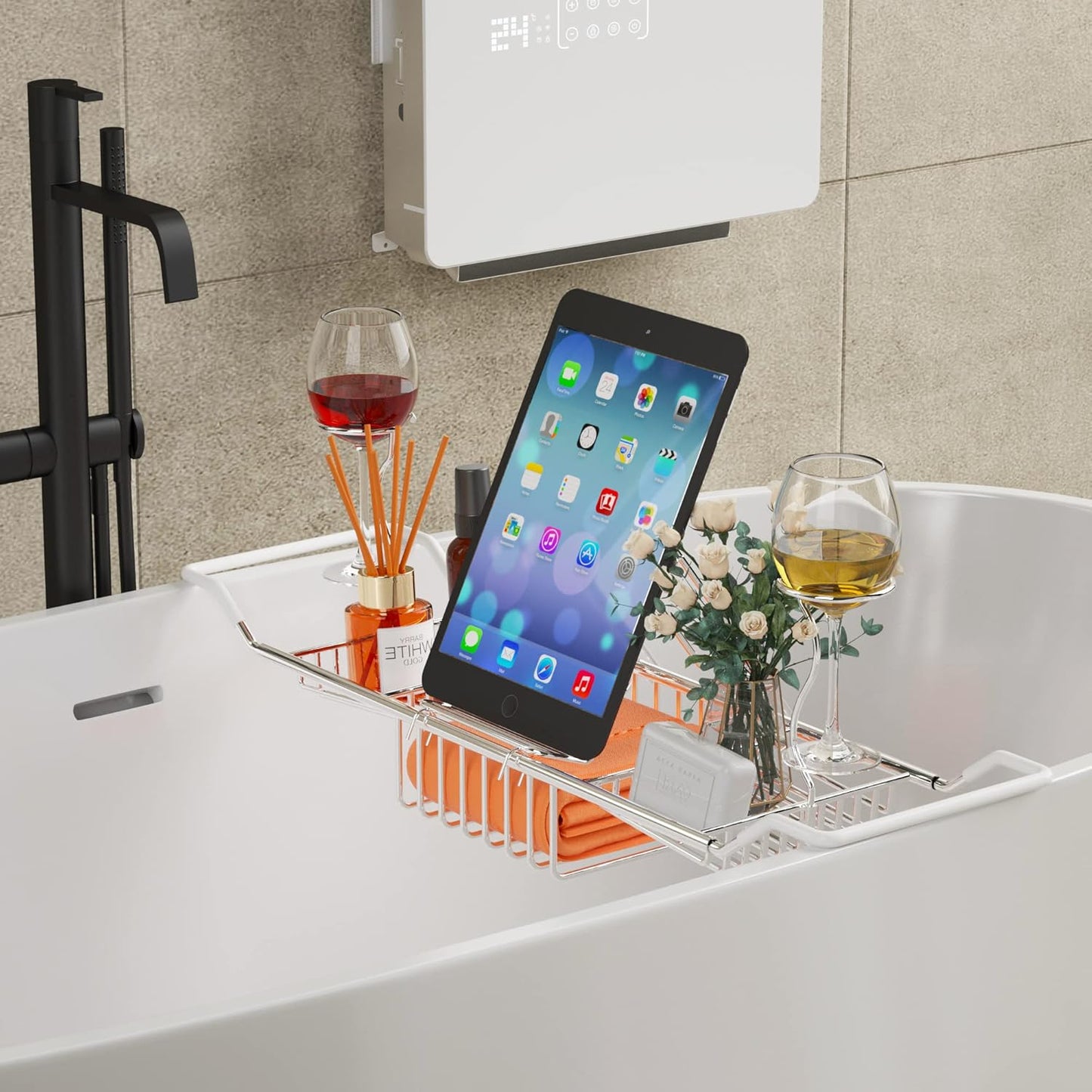iPEGTOP Extendable Bathtub Caddy Tray - 304 Stainless Steel Over Bath Tub Racks Shower Organizer, with Removable Wine Glass Holders and Book Holder