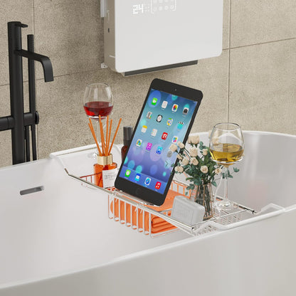 iPEGTOP Extendable Bathtub Caddy Tray - 304 Stainless Steel Over Bath Tub Racks Shower Organizer, with Removable Wine Glass Holders and Book Holder
