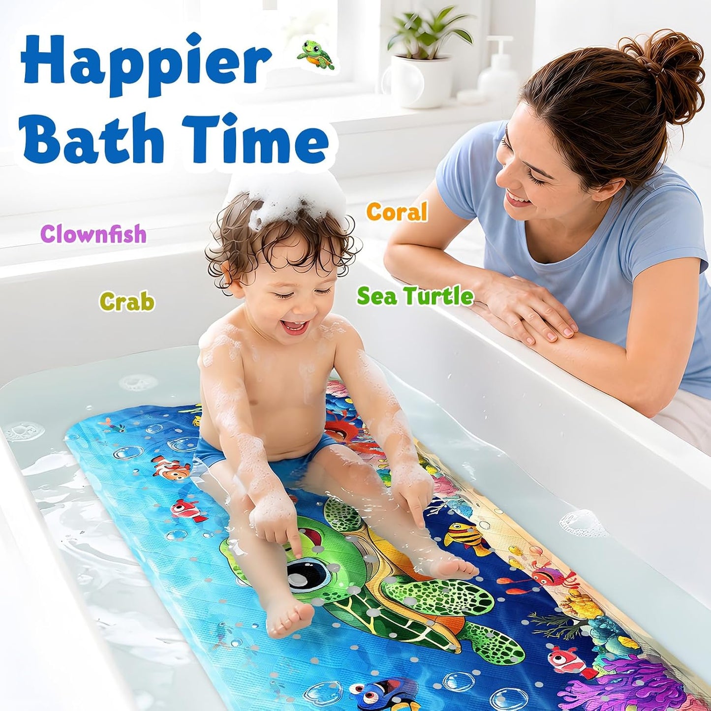 XIYUNTE Baby Bath Mats Non Slip Anti Mould, Cartoon Kids Bath Mat Non Slip, 100x40cm Extra Large Baby Shower Mat Non Slip Bath Mat with Suction Cups &amp; Drain Holes, Machine Washable, Sea Turtle