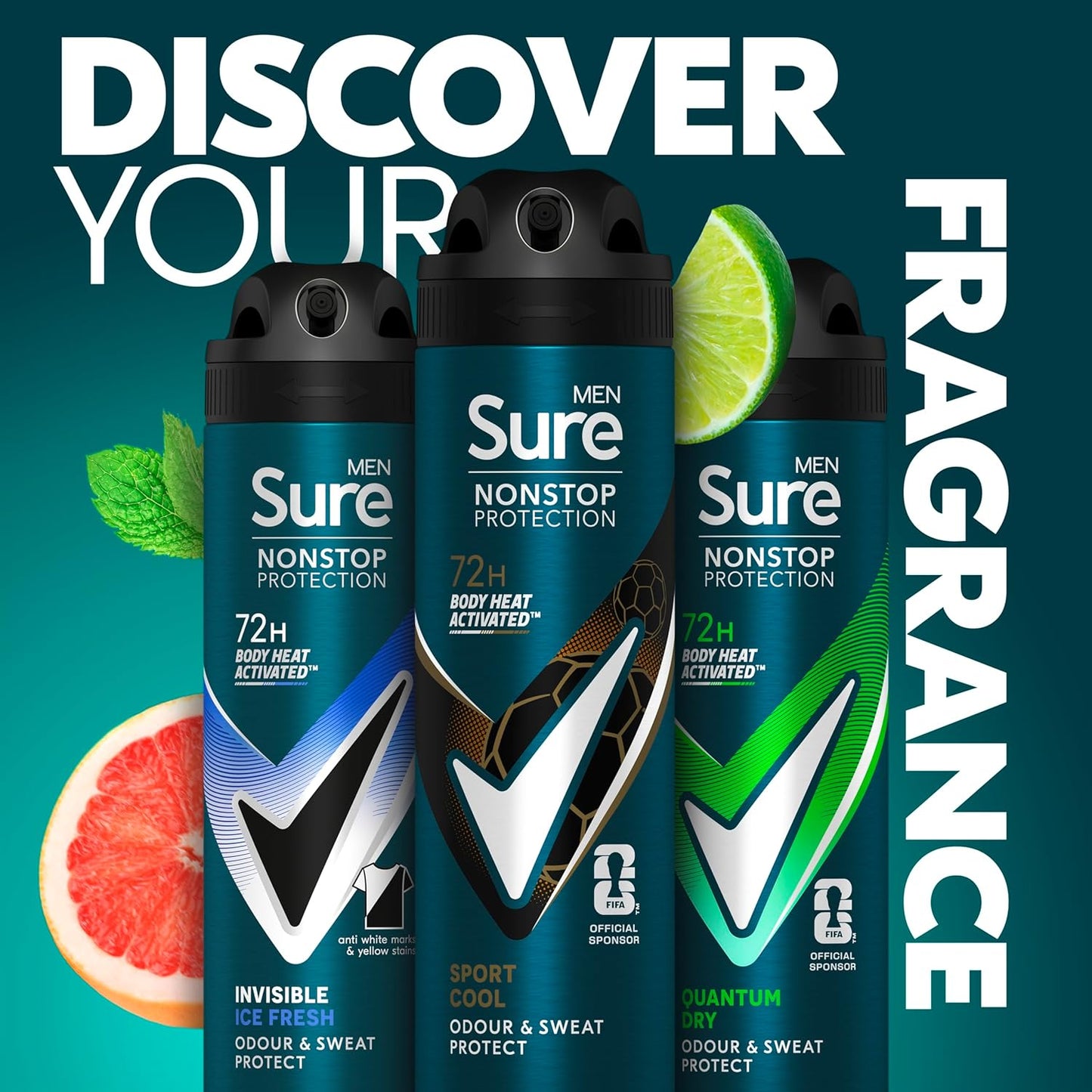 Sure Men Nonstop Protection Sport Cool Deodorant Body Spray Antiperspirant with a mint and citrus scent &amp; body heat activated technology for 72 hour odour and sweat protection 150 ml