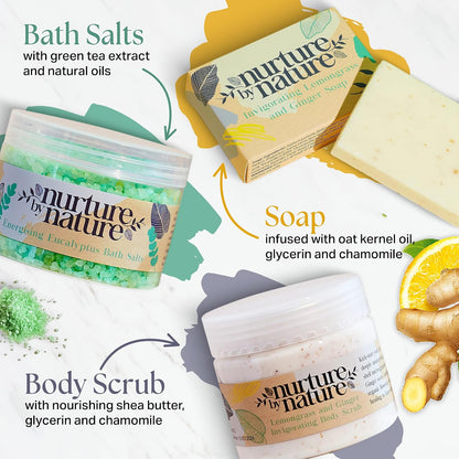 NURTURE BY NATURE Spa Gift Set – 6 Piece Uplifting Pamper Gift Set for Women with Soap, Body Scrub, Hand Cream &amp; Candle – Vegan - Valentines Gifts for Her, Mothers Day Gifts, Self Care Birthday Gift