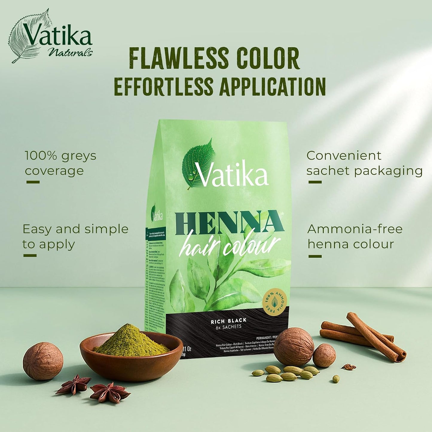 Vatika Henna Rich Black Hair Colour - 60g (6 x 10g Sachets), 100% Ammonia Free, For Vibrant Color, Shine, &amp; Coverage (Packaging May Vary)