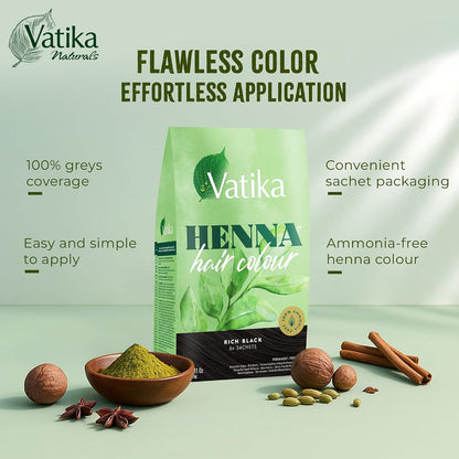 Vatika Henna Rich Black Hair Colour - 60g (6 x 10g Sachets), 100% Ammonia Free, For Vibrant Color, Shine, &amp; Coverage (Packaging May Vary)