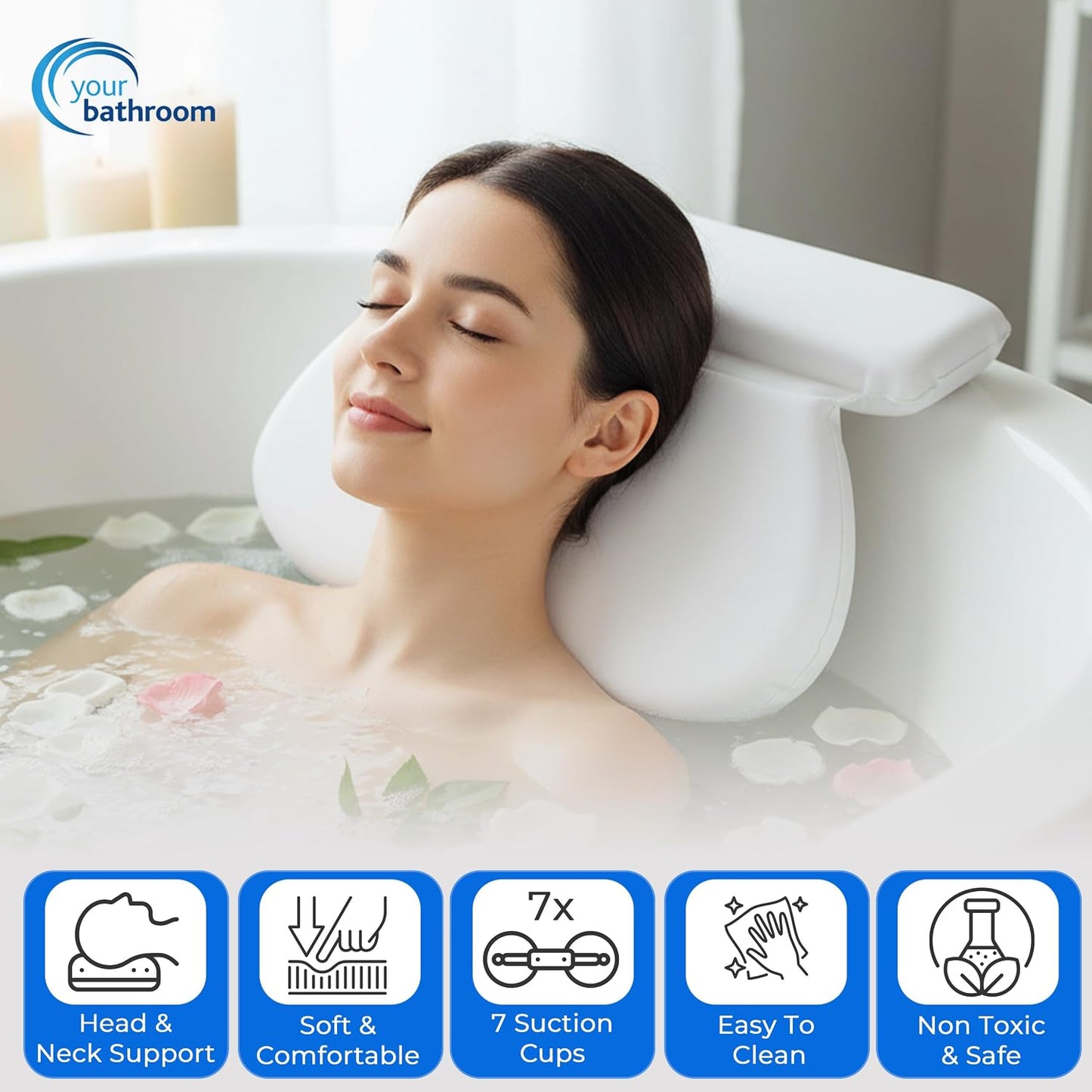 Bath Pillow – Bath Cushion with 7 Suction Cups, Non-Slip Bath Pillows for Head and Neck Support | Ultimate Relaxation and Comfort, Ideal for Relaxation &amp; Meditation in the Tub