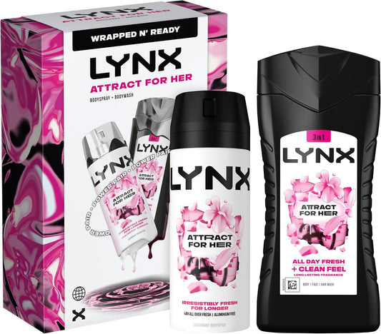 Lynx Attract for Her Gift Set- 50ml Body Spray &amp; 225ml Body Wash, Fresh Fragrance Duo, Feminine Scent, Great for Gifting or Everyday Use