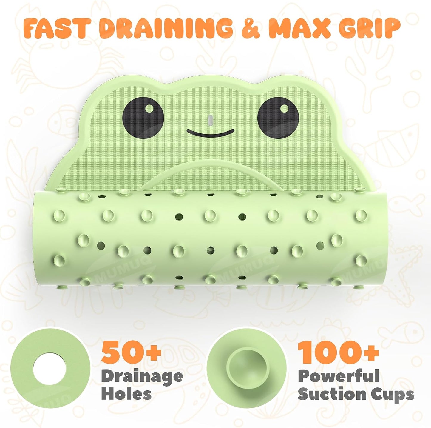 Baby Bath Mat Non Slip Anti Mould Rubber Shower Mat for Toddler and Kids Bath Mats for Tub Cartoon Frog Bathroom Mats with Suction Cups and Drain Holes 76 x 45 cm, Green