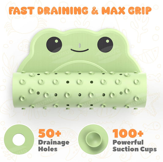 Baby Bath Mat Non Slip Anti Mould Rubber Shower Mat for Toddler and Kids Bath Mats for Tub Cartoon Frog Bathroom Mats with Suction Cups and Drain Holes 76 x 45 cm, Green