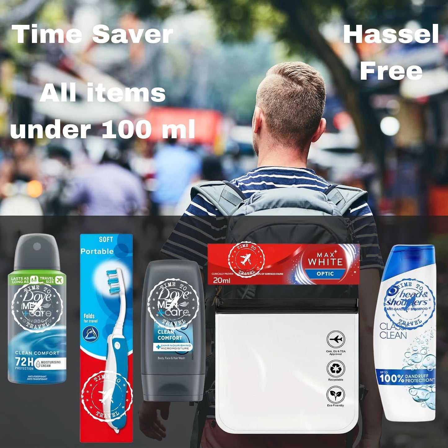 Travel Size Toiletries Essentials Set for Men, Holiday Mini Travel Toiletries Set, All In A Hubsidia Airport Approved Travel Bag