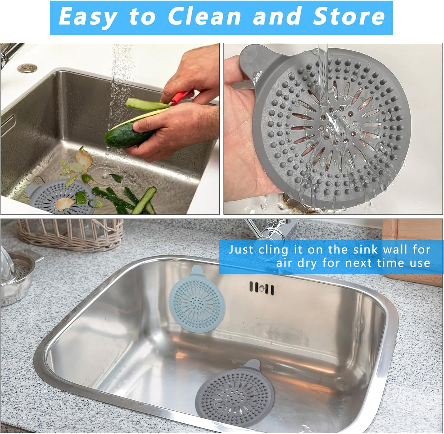 Alyvisun 2Pcs Silicone Shower Drain Hair Catcher with Sucker, Sink Strainer Hair Catcher, Shower Hair Stopper Drain Protector for Bathroom Bathtub Kitchen (Blue + Grey)