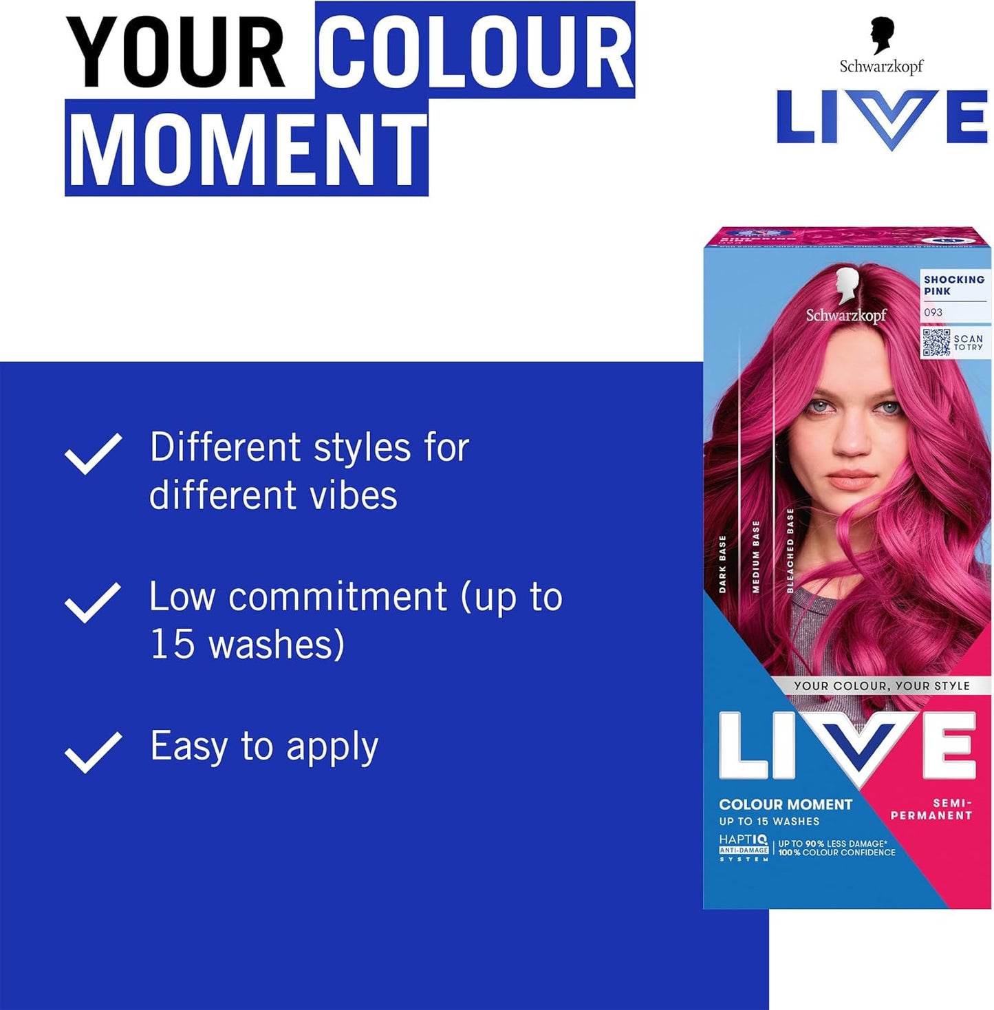 Schwarzkopf LIVE Colour Moment 093 Shocking Pink, with HaptiQ Anti-Damage System, Semi-Permanent Pink Hair Dye, Up to 15 Washes
