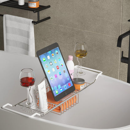 iPEGTOP Extendable Bathtub Caddy Tray - 304 Stainless Steel Over Bath Tub Racks Shower Organizer, with Removable Wine Glass Holders and Book Holder
