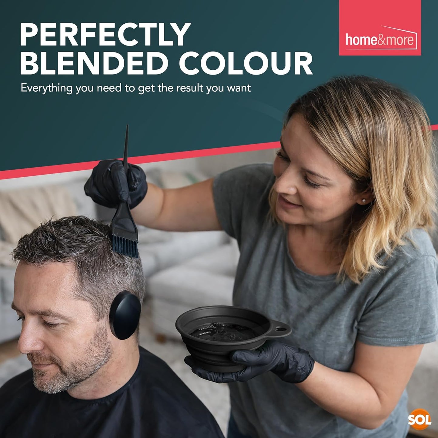 SOL 7pcs Hair Dye Bowl and Brush Kit - Complete Set for At-Home Hair Colouring - Includes Mixing Bowl, Brushes, Protective Glove, Ear Covers - Smooth Easy-Grip Design, Reusable and Easy to Clean Tools