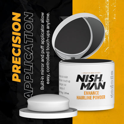 NISHMAN Enhance Hairline Powder – Black 10g – Hairline Filler for Men – Conceals Hair Gaps and Thinning Areas – Adds Natural Density and Sharp Definition – Lightweight, Smudge-Free Formula
