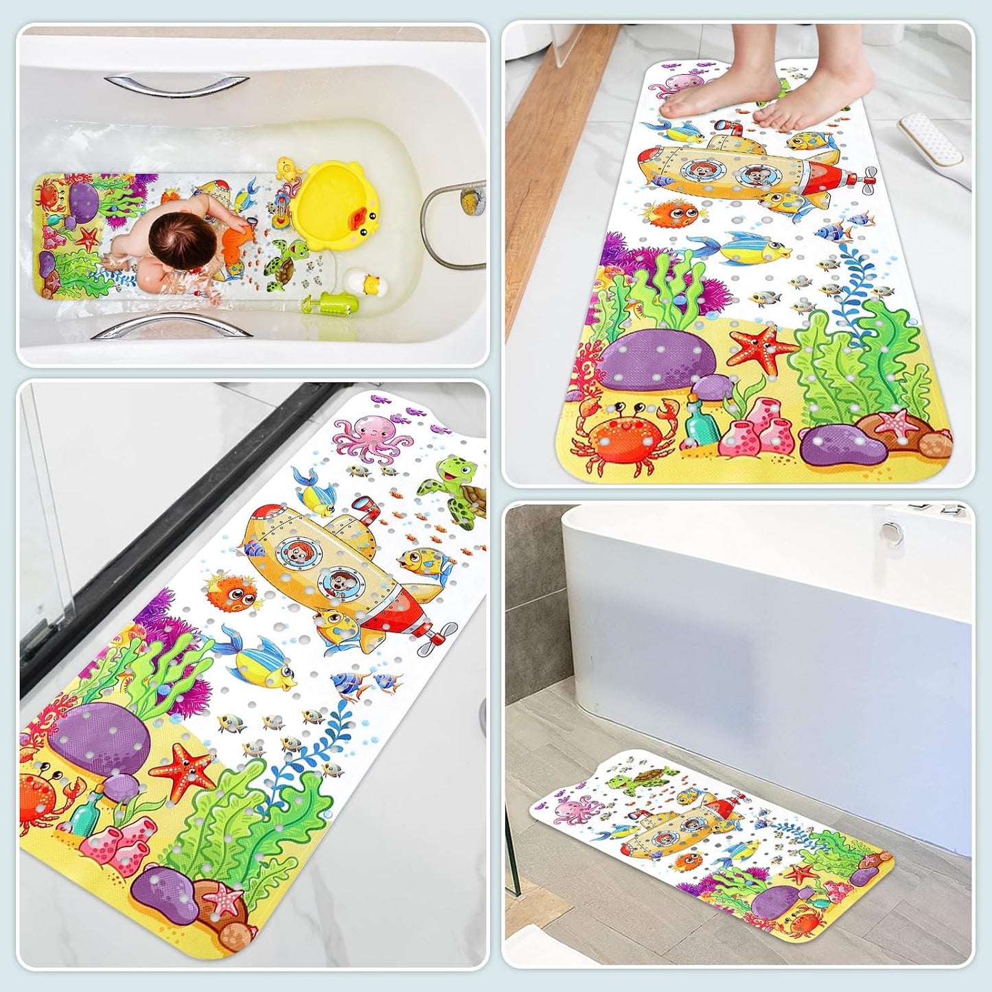 Capslpad Bathtub Mat Non Slip Anti Mould 40x100 cm Cartoon Submarine Bath Mats Extra Large Soft Bath Seat Mat with Suction Cups &amp; Drain Holes Machine Washable Sea Animals Bath Mat