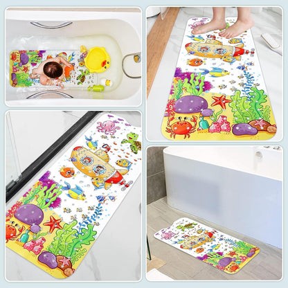 Capslpad Bathtub Mat Non Slip Anti Mould 40x100 cm Cartoon Submarine Bath Mats Extra Large Soft Bath Seat Mat with Suction Cups &amp; Drain Holes Machine Washable Sea Animals Bath Mat