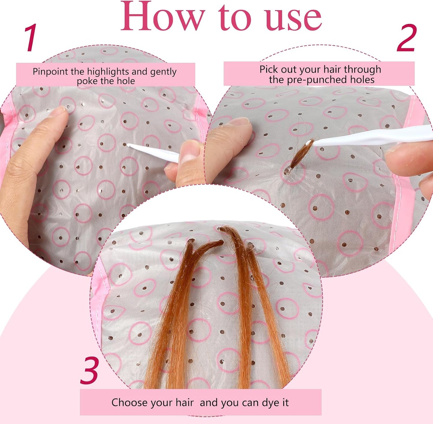 Dimeho Hair Highlighting Kit 16 Pcs Highlighting Caps Hair Frosting Cap with Plastic Crochet Hooks Hairs Coloring Dye Cap Kit for Salon Dyeing Hairdressing (Pink)