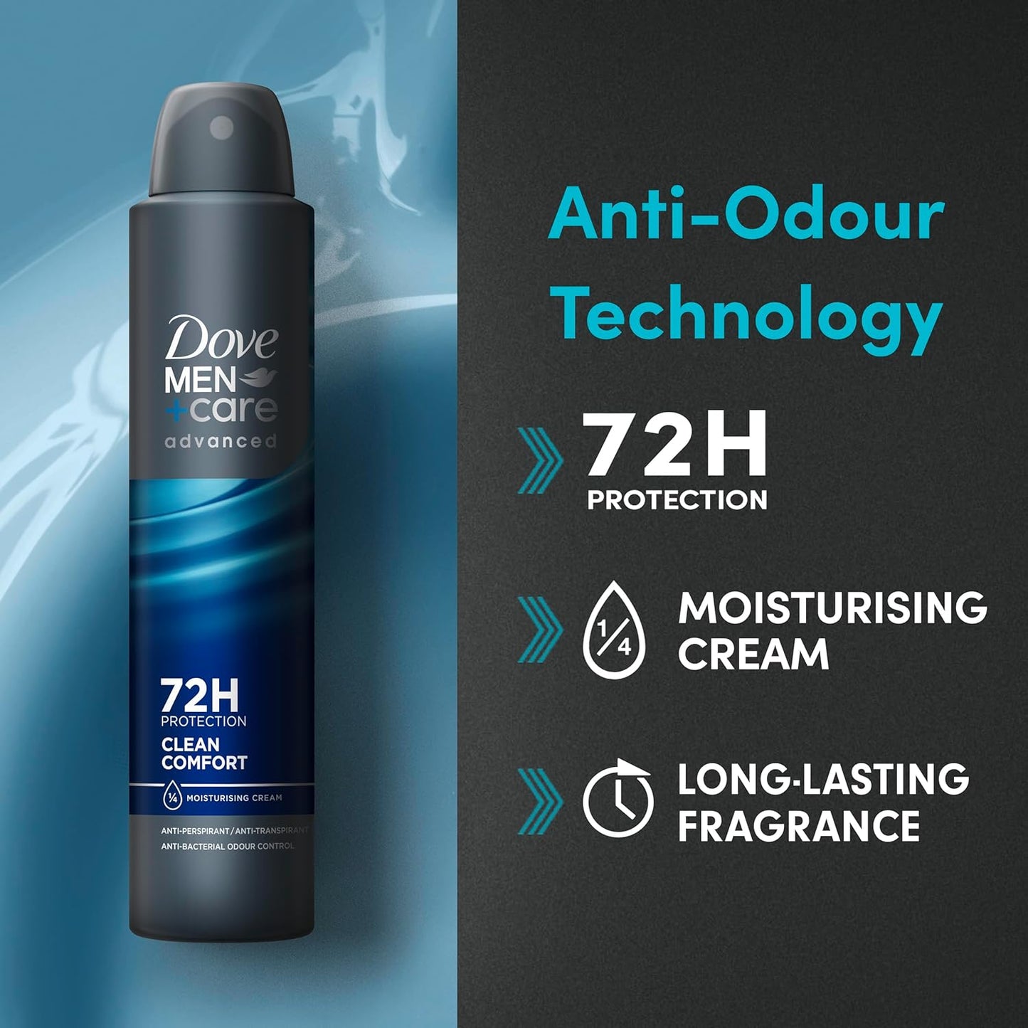 Dove Men+Care Advanced Clean Comfort Anti-Perspirant Aerosol Deodorant Spray with Anti-Odour technology &amp; ¼ moisturising cream for 72 hour protection against sweat and odour 200 ml