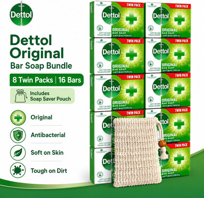 Dettol Soap Original Antibacterial Bar - 4 Twin Pack, 8 x 100g Antibacterial Hand &amp; Body Soap Bar – Disinfects and Kills 99.99% of Germs, Ideal for Handwashing and Cleansing