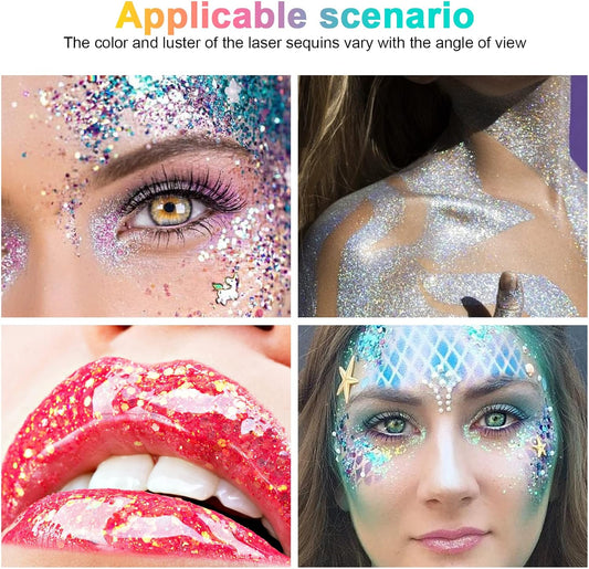 URAQT Mermaid Sequins Glitter Gel, 50ml Holographic Face &amp; Body Gel, Sparkling Festival Party Lotion for Face, Body, Eye, Hair, Nail DIY Art (Blue)