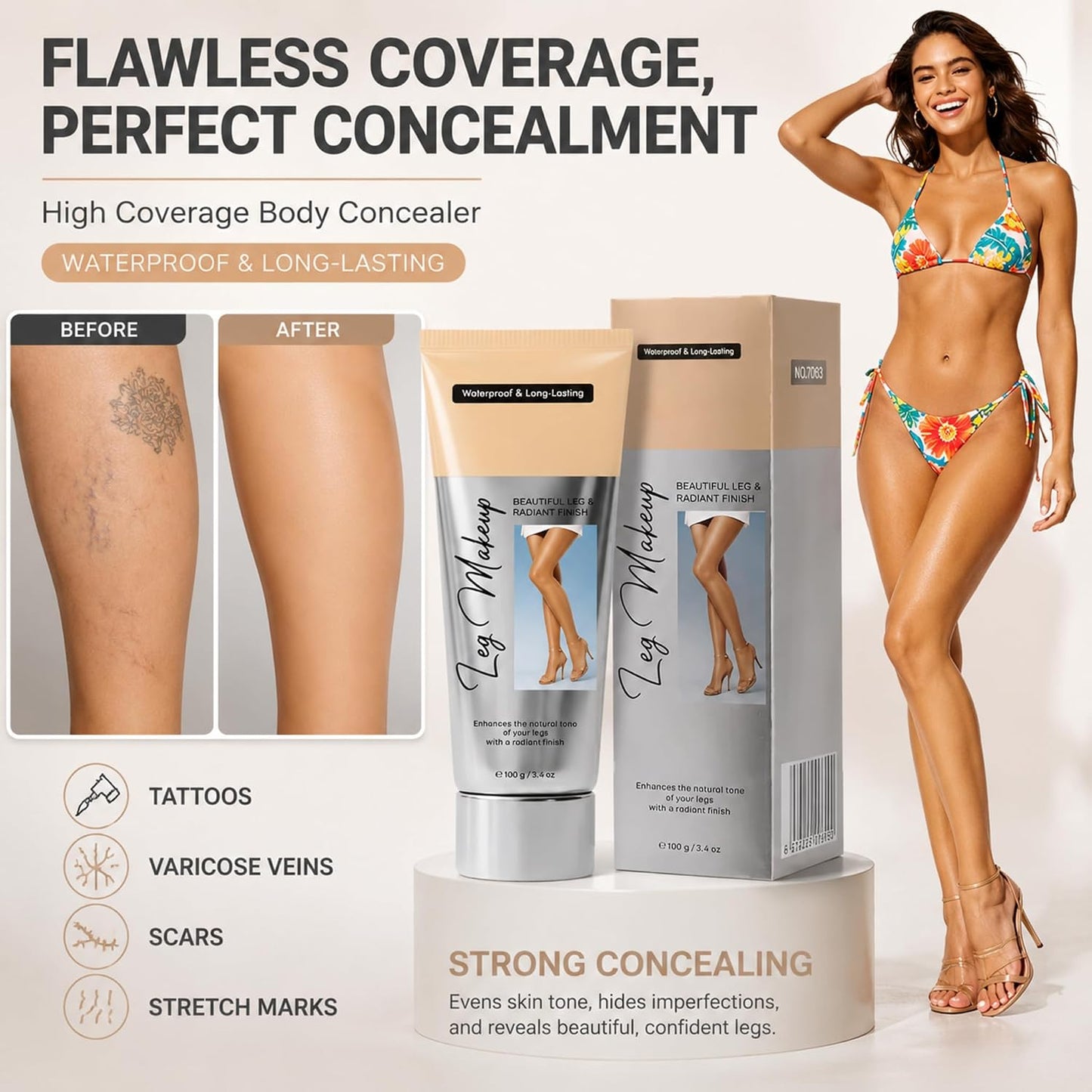 MiracleDaParis Body Coverage Perfector, Tattoo Cover Up Makeup Leg Makeup Waterproof no Transfer for Daily Wear and Events. (C)