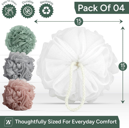 Zuvo Loofah Bath Sponge (Pack of 4) – Soft &amp; Durable Shower Puffs for Deep Exfoliation – Unisex Body Scrubber, Eco-Friendly and Skin-Safe, Assorted Colours