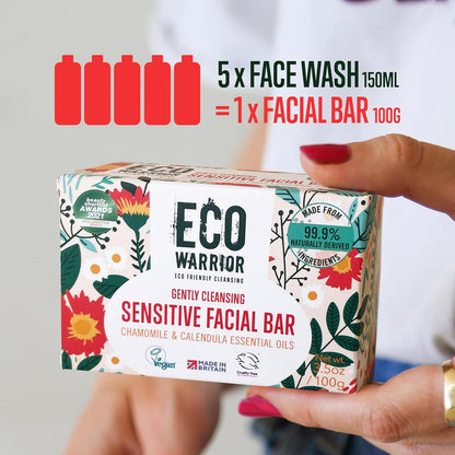 Eco Warrior Sensitive Facial Bar Soap | Vegan, Cruelty-Free, No SLS or Parabens, Eco Friendly - Gently Cleansing Natural Soap Bar Made with Castile Olive, Chamomile &amp; Calendula Essential Oils, 100g