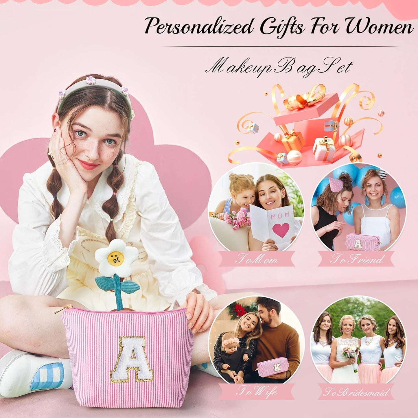 Parima Personalised Make up Bag - Initial Make up Bags Gift for Girls Preppy Stuff Personalised Birthday Gifts for Women Gifts for Girl Women Girlfriend Teenager Girls Gift Initial E Makeup Bag